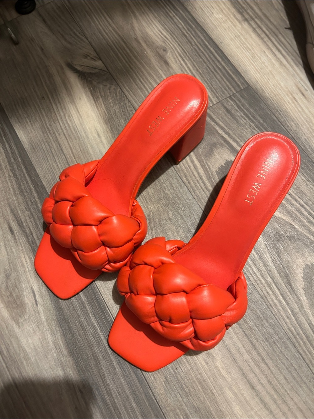 Nine West Braided Strap Block Heel Slides in Bright Orange